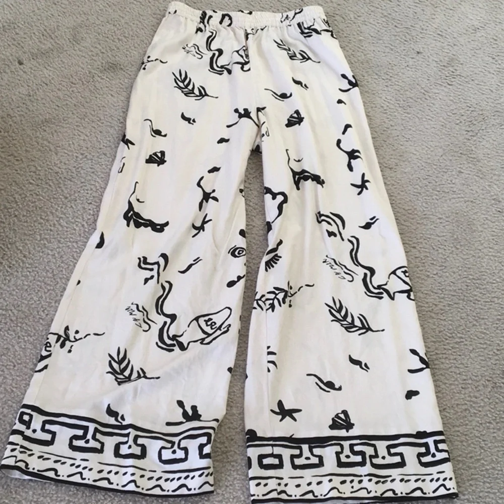 H&M/CREAMwBLACK LA MER BEACH PRINT WIDE LEG LINEN BLEND PANTS/NEW